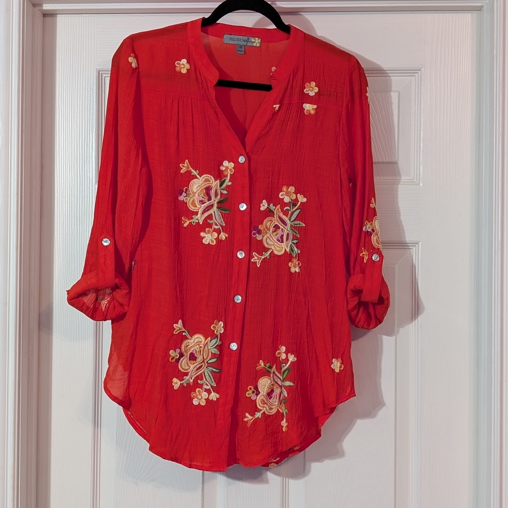 Orange and Gold Embellished Blouse with Mandarin Collar